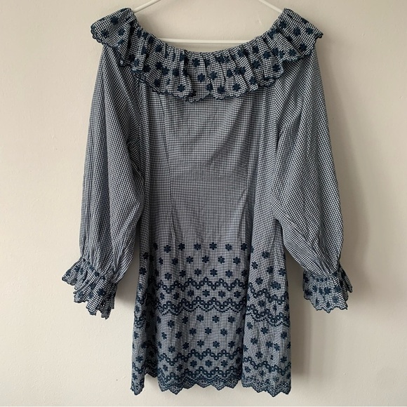 NWT Doen Franique Cotton Ruffle Eyelet Long Sleeve Dress Azure Paris Gingham - Picture 11 of 14